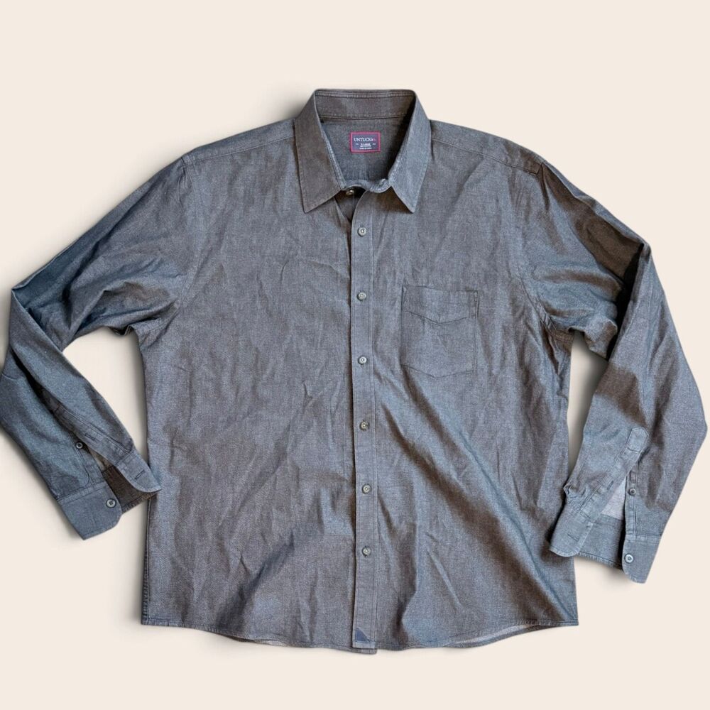 UNTUCKit Button Down Shirt XL Gray Chambray Cotton Minimalist Preppy Casual
